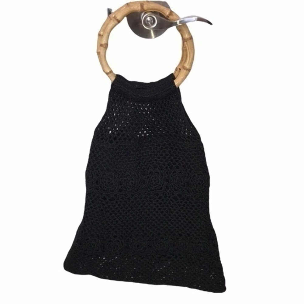 Black Crochet Bag With Bamboo Handles & Magnetic Closure - Picture 9 of 9